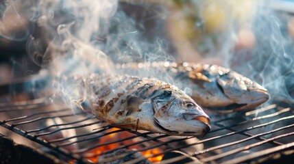 Fish grilling on a wire rack over hot coals, with smoke rising in the background, capturing the essence of outdoor barbecue cooking