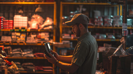 Obraz premium a male worker in a warehouse using barcode scanner to check the details of packages 