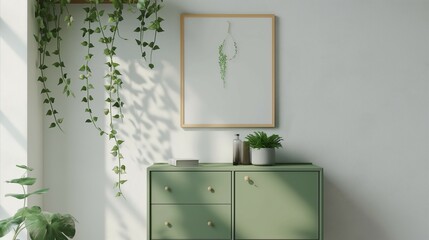 Frame mockup, green cabinet shelf home interior, wall poster frame, 3D render