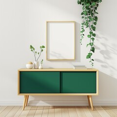 Frame mockup, green cabinet shelf home interior, wall poster frame, 3D render