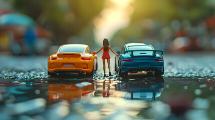 Photo realistic friends comparing car features, first cars excitement with glossy backdrop   High res image depicting informed decision making process