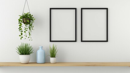 Frame mockup, shelf home interior, wall poster frame, 3D render