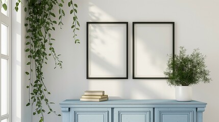 Frame mockup, blue cabinet shelf home interior, wall poster frame, 3D render
