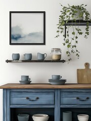Frame mockup, blue cabinet shelf home interior, wall poster frame, 3D render