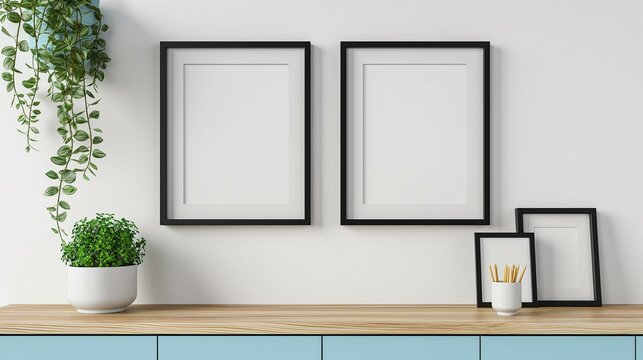 Frame mockup, blue cabinet shelf home interior, wall poster frame, 3D render