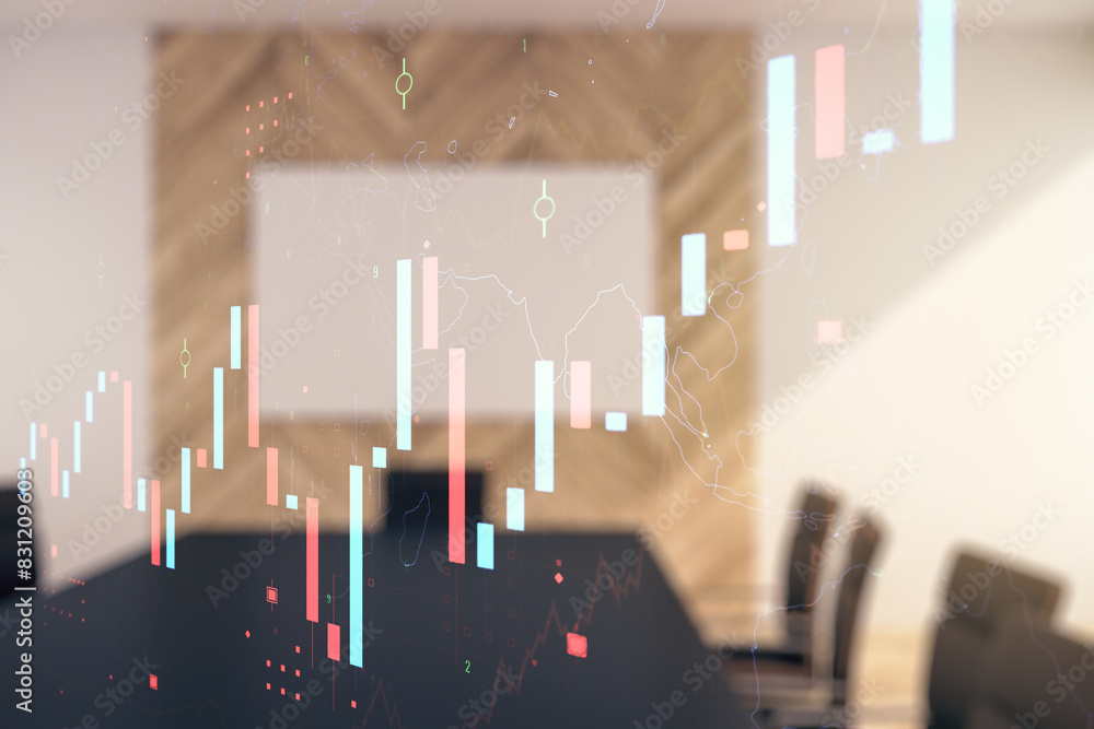 Poster multi exposure of virtual abstract financial graph interface on a modern coworking room background, 