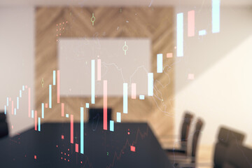 Multi exposure of virtual abstract financial graph interface on a modern coworking room background,...