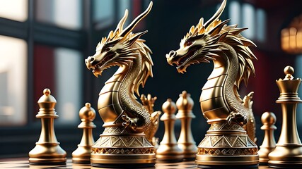 Fototapeta premium The concept of China's business tech is illustrated by a dragon chess piece with an economy element on it
