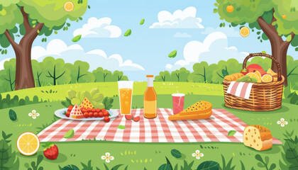 A picnic basket sits on a checkered blanket in a lush green meadow, with a spread of food and drinks ready to enjoy.