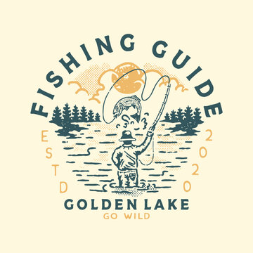 fishing illustration outdoor graphic lake design nature badge adventure vintage fisherman