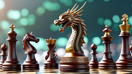 The concept of China's business tech is illustrated by a dragon chess piece with an economy element on it