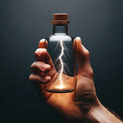 lighting in a bottle - a hand holding a small, transparent bottle with a cork, containing a vivid illustration of lightning bolts, suggesting a powerful and mysterious energy captured within