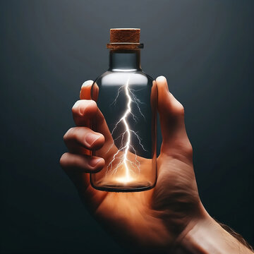 lighting in a bottle - a hand holding a small, transparent bottle with a cork, containing a vivid illustration of lightning bolts, suggesting a powerful and mysterious energy captured within