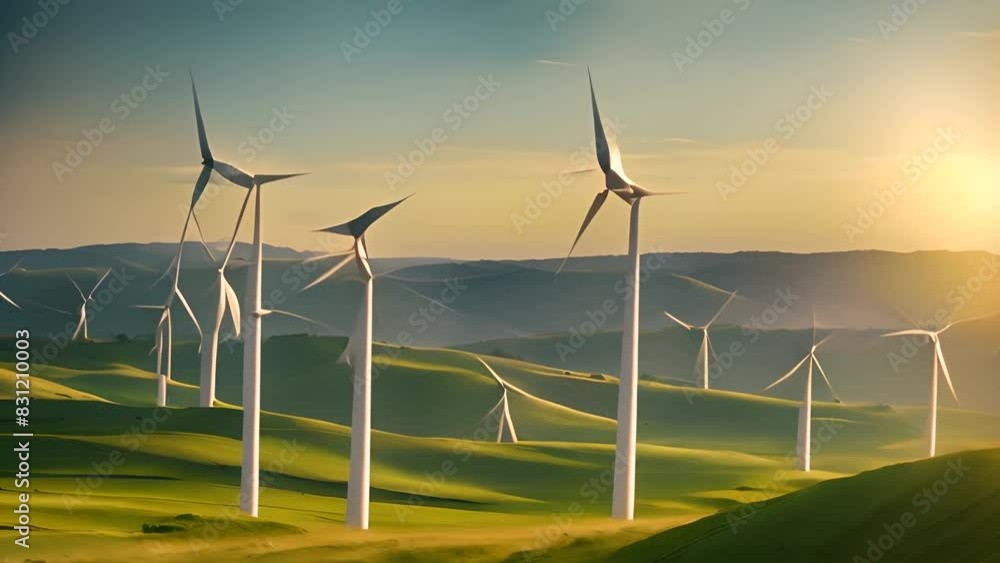 Poster cluster of windmills in grass field generative ai