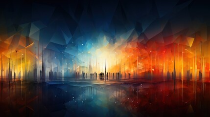 A vibrant abstract of geometric shapes and silhouettes of people, reflecting concept art and emotions