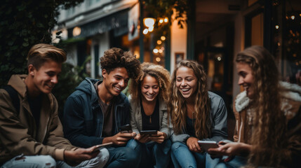 Young friends sit together outdoors at night, sharing a laugh around a smartphone