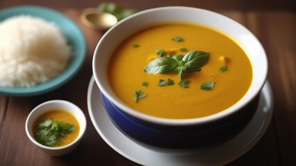 bowl of golden-yellow pumpkin soup, garnished with fresh herbs and served with a side of white rice. The creamy soup is presented in a blue-rimmed bowl, adding a touch of elegance to the hearty meal