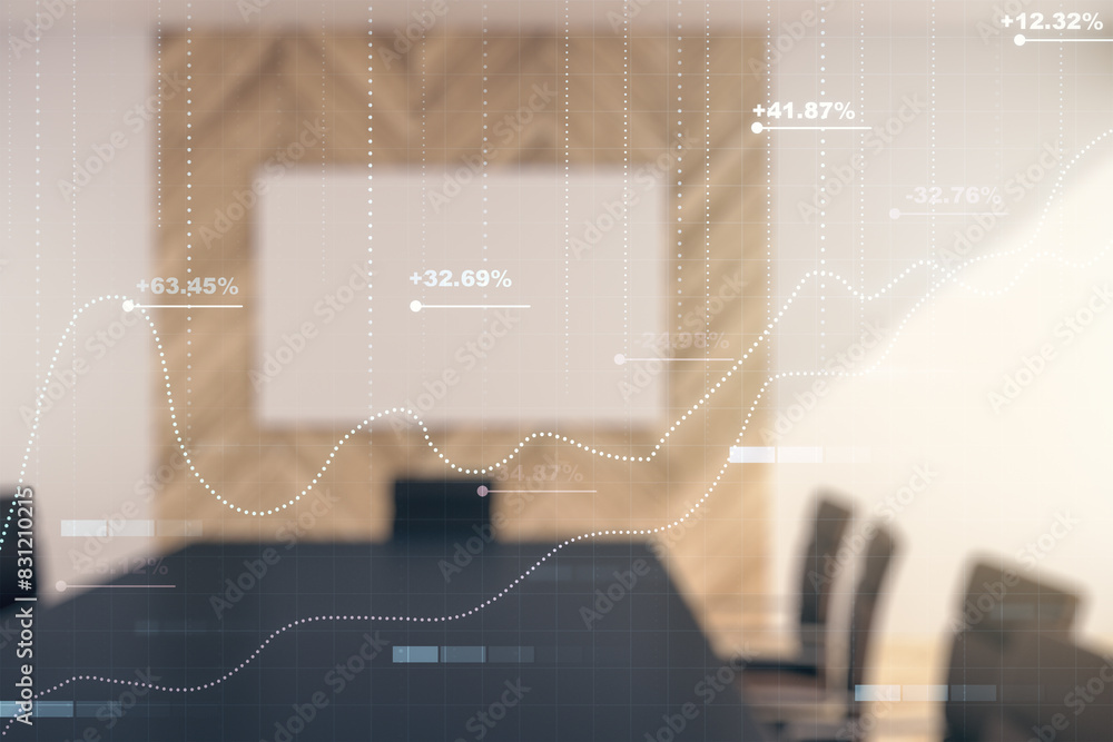 Poster Multi exposure of abstract statistics data hologram interface on a modern furnished office interior background, computing and analytics concept