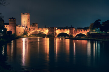Night view of Ponte di Castelvecchio bridge in Verona