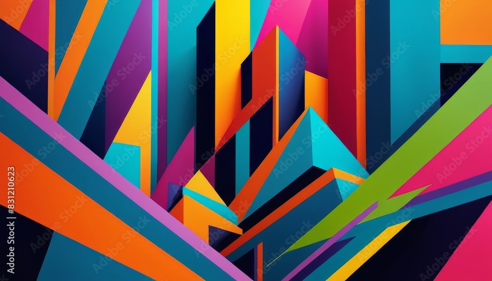 Poster a striking piece of abstract geometric art featuring bold, vibrant colors and sharp, angular shapes.