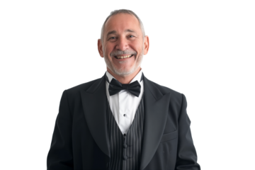 Middle-Aged Man in Black Tuxedo and Bow Tie Smiling on White Background