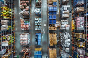 A large commercial warehouse filled with numerous boxes of various sizes and shapes, showcasing the bustling activity of storage and logistics