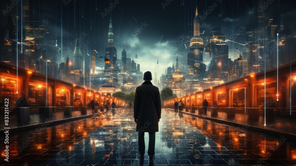 Poster Man standing on a reflective surface observing the lights and architecture of an advanced futuristic city