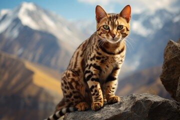 Obraz premium Portrait of a funny ocicat cat in front of backdrop of mountain peaks