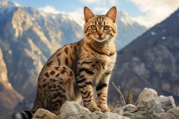 Obraz premium Portrait of a funny ocicat cat isolated on backdrop of mountain peaks