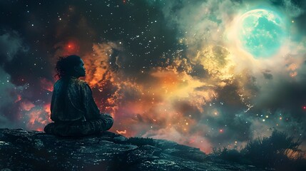 Obraz premium Solitary Silhouette Under Dramatic Celestial Landscape