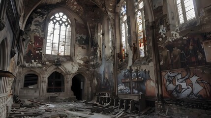 Fototapeta premium Decaying Gothic Cathedral Interior with Graffiti-Covered Walls and Damaged Pews