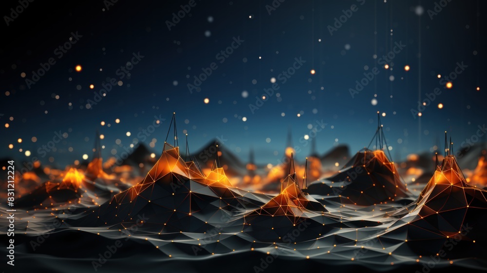 Poster abstract digital landscape with polygonal hills and glowing particles representing connectivity & da