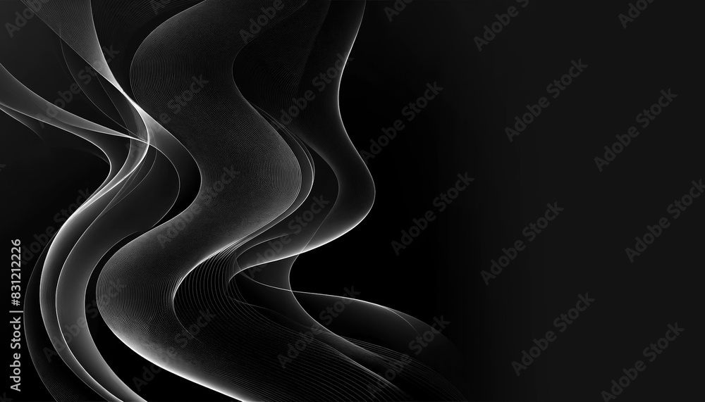 Poster black abstract background for presentations 5 with thin lines in the form of waves on the right