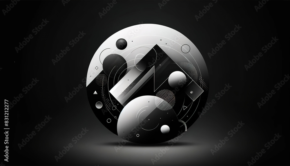 Poster black abstract background for presentations 9 of different geometric shapes placed in a circle