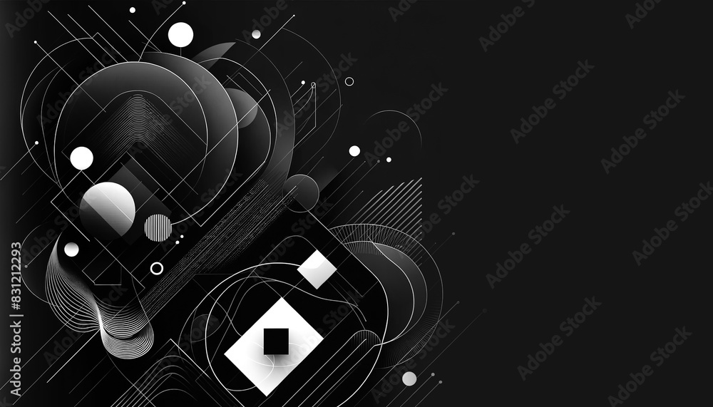 Poster black abstract background for presentations 8 of different geometric shapes placed on the right