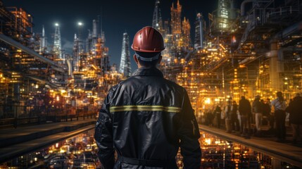 An engineer surveys a complex, brilliantly-lit industrial oil refinery, symbolizing energy production
