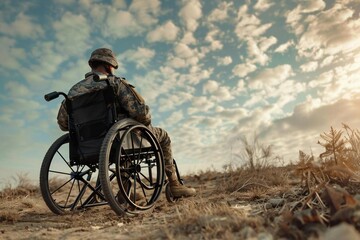 Fototapeta premium Disabled veteran soldier in wheelchair on wide angle battlefield