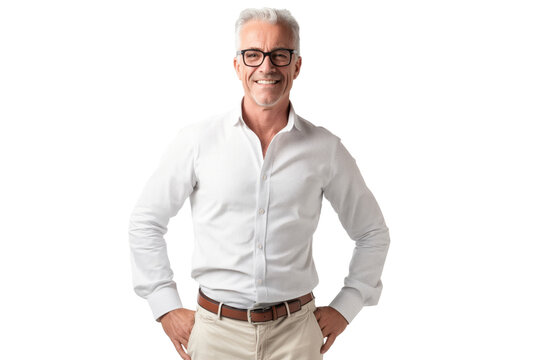 Middle-Aged Man in White Dress Shirt and Glasses Smiling on White Background