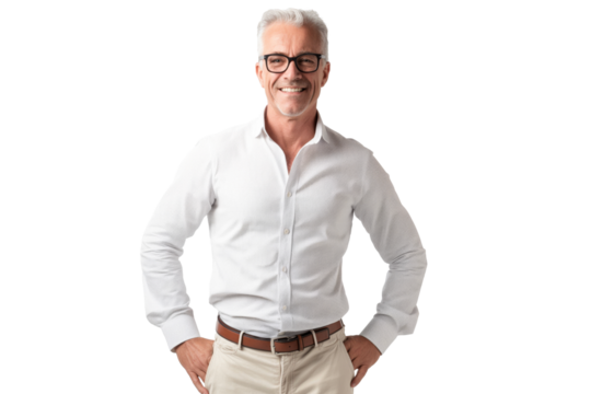 Middle-Aged Man in White Dress Shirt and Glasses Smiling on White Background