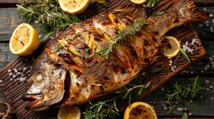 Freshly grilled whole fish with crispy skin and charred edges, served with lemon wedges and herbs for a mouthwatering seafood feast