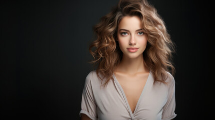 A beautiful young woman with voluminous hair poses elegantly against a dark studio background