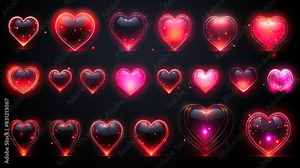 Poster assortment of glowing neon hearts with different patterns and light effects on a dark, moody backgro