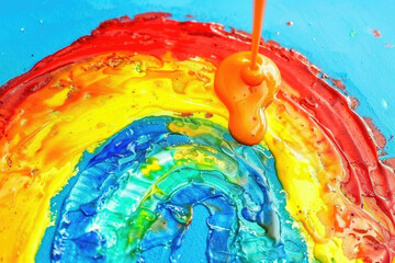 A rainbow is being painted on a blue background with a yellow blob in the middle