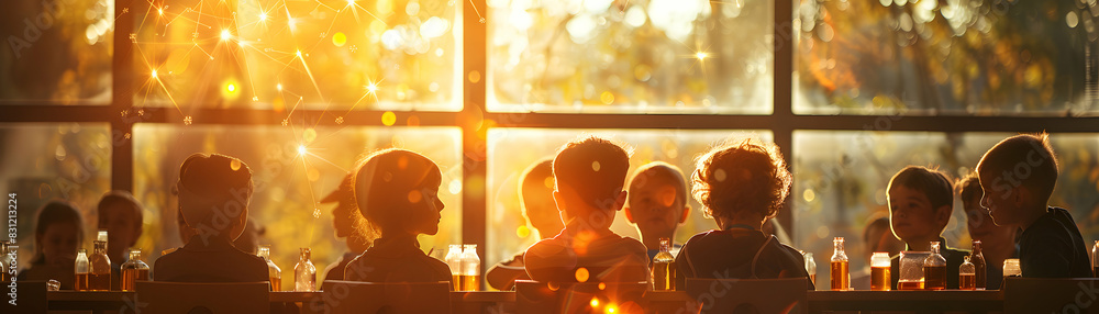 Poster high resolution photo realistic image of kids enjoying science class with a glossy backdrop, showing