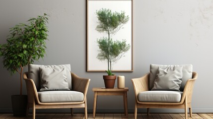 Two cozy armchairs flanking a modest table with plant decor create an elegant and minimalistic interior space
