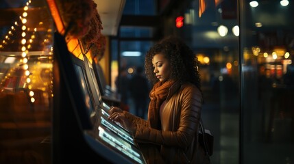 A young woman plays a public piano on a city street decorated with lights at night