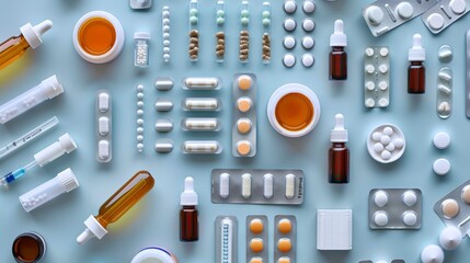 Fototapeta premium A Flat Lay of Various Medications and Supplements for Health and Wellness