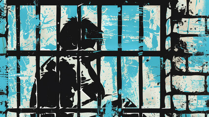 An abstract depiction of a shadowy figure behind bars with blue and black contrasting colors conveying themes of confinement and isolation