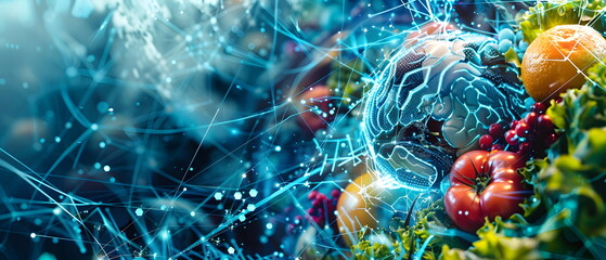 the use of artificial intelligence in industry in the concept of controlling the packaging of food or an organic vegetable products, Scans into a hologram