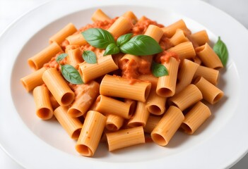 Rigatoni pasta with a thick, creamy tomato-based sauce, garnished with fresh basil leaves